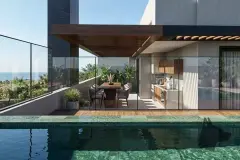 Cobertura com piscina privativa em mosaico verde, área gourmet com pergolado em madeira e vista para o mar — Almare Jurerê em Jurerê, Florianópolis