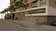 Perspectiva ilustrativa da fachada frontal do edifício com varandas, lobby envidraçado com loja e pedestres na calçada — Almare Jurerê em Jurerê, Florianópolis