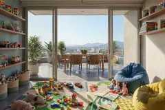 Sala de estar do apartamento com sofá cinza, mesa de centro em madeira, poltrona e janelão com vista para os morros — Almare Jurerê em Jurerê, Florianópolis