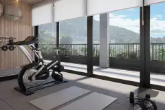 Perspectiva ilustrativa da academia com bicicleta ergométrica, halteres, colchonete e janelas amplas com vista para o morro — Alto Montreal em Trindade, Florianópolis