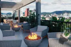 Perspectiva ilustrativa do rooftop com fogueiras em bowl de concreto, poltronas de vime, mesa redonda e vista para os morros da Trindade — Alto Montreal em Trindade, Florianópolis
