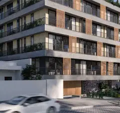 Perspectiva ilustrativa da fachada lateral com varandas amadeiradas, térreo com revestimento geométrico e pedestres na calçada — Alto Montreal em Trindade, Florianópolis