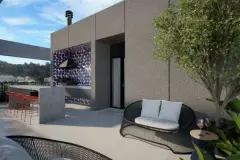 Perspectiva ilustrativa da área gourmet no rooftop com churrasqueira em azulejo estampado, sofá de fibra preta e cadeiras laranjas — Alto Montreal em Trindade, Florianópolis