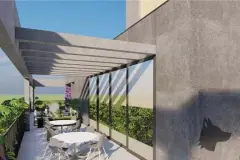 Perspectiva ilustrativa do pet place coberto com cobertura ripada de concreto, mesas brancas e jardim com helicônia — Alto Montreal em Trindade, Florianópolis