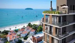 Perspectiva ilustrativa do edifício Apoena Studios com varandas de ripas de madeira, piscina infinita no mid-rise e praia de Jurerê com ilha ao fundo — Apoena Studios em Jurerê, Florianópolis