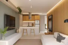 Perspectiva ilustrativa da sala de estar integrada com cozinha americana em madeira, bancada com bancos, painel ripado e sofá branco — Aquamarina Residence em Cachoeira do Bom Jesus, Florianópolis