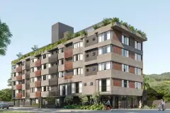 Perspectiva ilustrativa da fachada diagonal do Aquamarina Residence com 5 andares, varandas com ripas de madeira e vegetação no rooftop — Aquamarina Residence em Cachoeira do Bom Jesus, Florianópolis