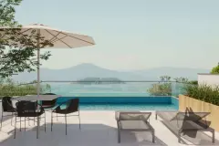 Perspectiva ilustrativa da piscina infinita com espreguiçadeira, mesa e guarda-sol com vista para o mar e ilha ao fundo — Aquamarina Residence em Cachoeira do Bom Jesus, Florianópolis