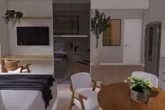 Perspectiva ilustrativa do studio integrado com sala de jantar, cama de casal com divisória de espelho e área da cozinha ao fundo — Aquamarina Residence em Cachoeira do Bom Jesus, Florianópolis