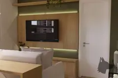 Perspectiva ilustrativa da sala de estar com painel de madeira com TV e iluminação LED, mesa de jantar e sofás — Aquamarina Residence em Cachoeira do Bom Jesus, Florianópolis