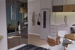 Perspectiva ilustrativa do studio com vista da cozinha americana com geladeira e micro-ondas, e área da sala ao fundo com espelho — Aquamarina Residence em Cachoeira do Bom Jesus, Florianópolis