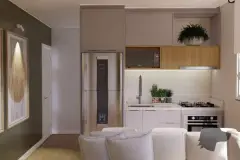 Perspectiva ilustrativa da cozinha americana com armários brancos e madeira, geladeira, pia, cooktop e sala com sofás ao fundo — Aquamarina Residence em Cachoeira do Bom Jesus, Florianópolis