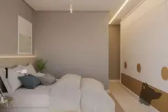 Perspectiva ilustrativa do quarto com cama de casal, cabeceira ripada, almofadas coloridas e guarda-roupa branco com iluminação LED — Aquamarina Residence em Cachoeira do Bom Jesus, Florianópolis