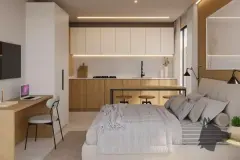 Perspectiva ilustrativa do studio com cama de casal, mesa de trabalho, cozinha integrada com bancada e bancos altos — Aquamarina Residence em Cachoeira do Bom Jesus, Florianópolis