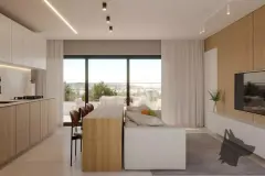 Perspectiva ilustrativa da sala de estar integrada com cozinha, ilha central de madeira com bancos e janelão com vista para o morro e terraço — Aquamarina Residence em Cachoeira do Bom Jesus, Florianópolis