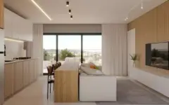 Perspectiva ilustrativa da sala de estar integrada com cozinha, ilha central de madeira e janelão com vista para o morro, ângulo amplo — Aquamarina Residence em Cachoeira do Bom Jesus, Florianópolis