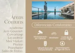 Infográfico de áreas comuns e diferenciais do condomínio Areias do Leste com lista de amenidades e ícones de câmera, bicicleta, acesso digital e aproveitamento de água — Areias do Leste em Barra da Lagoa, Florianópolis
