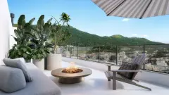 Perspectiva ilustrativa do terraço privativo com sofá externo, fogueira de mesa redonda, cadeira de madeira, plantas tropicais e vista para o morro — Areias do Leste em Barra da Lagoa, Florianópolis