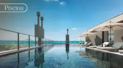 Perspectiva ilustrativa da piscina no rooftop com espreguiçadeiras, guarda-sol e vista panorâmica para o mar e ilhas — Areias do Leste em Barra da Lagoa, Florianópolis