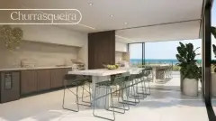 Perspectiva ilustrativa da área gourmet com churrasqueira, bancada de pedra, mesa com bancos altos e vista para o mar ao fundo — Areias do Leste em Barra da Lagoa, Florianópolis