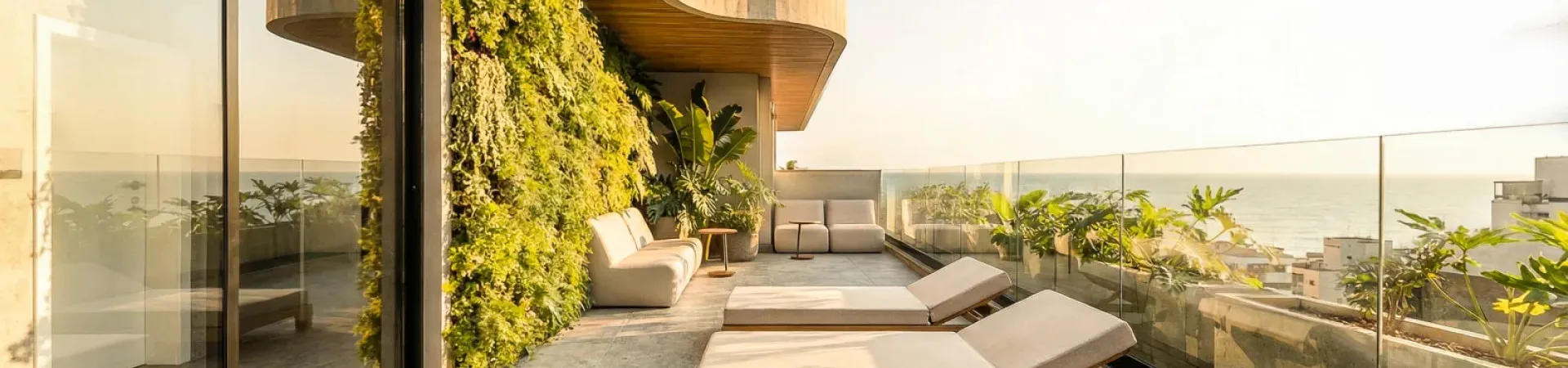 Foto real da varanda de cobertura do Art Blue View com jardim vertical exuberante, espreguiçadeiras, sofás e vista para o mar de Jurerê ao entardecer — Art Blue View em Jurerê, Florianópolis