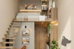 Perspectiva do studio duplex com escada flutuante de vidro, mezanino com cama, nichos de home office e plantas — Art Blue View em Jurerê, Florianópolis