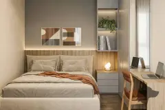 Perspectiva da suíte com cama de casal, painel de madeira com nichos iluminados, home office integrado com laptop e iluminação indireta — Art Blue View em Jurerê, Florianópolis