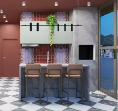 Perspectiva da cozinha gourmet com bancada de mármore cinza, três bancos altos, revestimento de pastilhas vermelhas e churrasqueira embutida — Art Places em Centro, Florianópolis