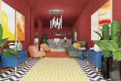 Perspectiva do lobby com decoração artística colorida, recepção ArtPlacesDM com paredes vermelhas, lustre pendente, poltrona laranja, sofá verde e piso em zigue-zague — Art Places em Centro, Florianópolis