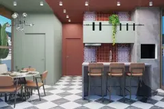 Perspectiva do espaço gourmet coletivo com mesa redonda e cadeiras, bancada de mármore com bancos altos, pastilhas vermelhas e piso xadrez — Art Places em Centro, Florianópolis