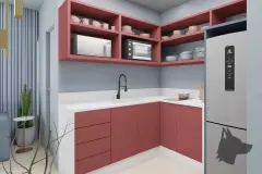 Perspectiva da cozinha do apartamento com armários vermelhos abertos, bancada branca, torneira preta, micro-ondas e geladeira — Art Places em Centro, Florianópolis
