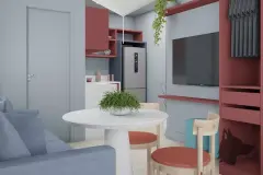 Perspectiva da sala de estar e jantar integradas com mesa redonda branca, cadeiras, sofá azul, TV em painel vermelho e cozinha ao fundo — Art Places em Centro, Florianópolis