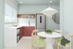 Perspectiva da cozinha com armários vermelhos, bancada branca, geladeira e mesa redonda com cadeiras de assento verde — Art Places em Centro, Florianópolis