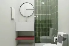 Perspectiva do banheiro com bancada suspensa branca, espelho redondo, box com pastilhas verdes e vaso sanitário — Art Places em Centro, Florianópolis