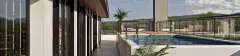 Perspectiva do terraço de lazer com piscina rasa, deck, passarela lateral e vista para os morros de Ingleses — Arts Home Design em Ingleses, Florianópolis