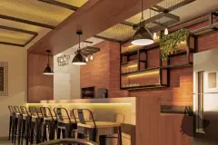 Perspectiva do salão gourmet com bancada comprida, bancos altos, parede de tijolos à vista, prateleiras de madeira iluminadas e pendentes industriais — Arts Home Design em Ingleses, Florianópolis