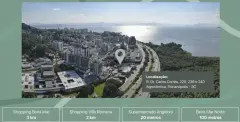 Infográfico aéreo da localização do Aura Residence na Agronômica com pino de mapa, Baía Norte e indicação de distâncias para shopping, supermercado e Beira-Mar Norte — Aura em Agronômica, Florianópolis