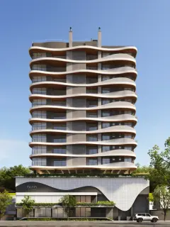 Perspectiva da fachada frontal do Aura Residence com torre de varandas em curva ondulada, revestimento de madeira nos andares superiores e lojas térreas — Aura em Agronômica, Florianópolis
