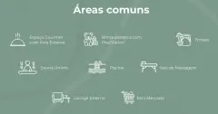 Infográfico das áreas comuns do Aura Residence listando espaço gourmet, brinquedoteca, fitness, sauna úmida, piscina, sala de massagem, lounge externo e mini mercado — Aura em Agronômica, Florianópolis