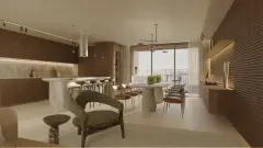 Perspectiva da sala de estar integrada à cozinha com ilha de mármore, mesa de jantar oval, sofá verde e janela ampla com vista para a Baía Norte — Aura em Agronômica, Florianópolis