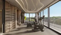 Perspectiva da academia com teto ondulado iluminado, esteira, bike, rack de halteres e janela com vista para morros e varanda — Aura em Agronômica, Florianópolis
