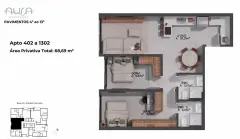 Planta baixa do apartamento 402 a 1302 do Aura Residence com 68,69 m² privativos, suíte, dormitório e living de 30,25 m² — Aura em Agronômica, Florianópolis