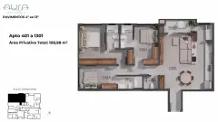 Planta baixa do apartamento 401 a 1301 do Aura Residence com 109,98 m² privativos, três suítes, living de 35,56 m² e sacada — Aura em Agronômica, Florianópolis
