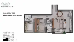 Planta baixa do apartamento 403 a 1303 do Aura Residence com 79,00 m² privativos, duas suítes e living de 30,33 m² — Aura em Agronômica, Florianópolis