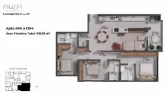Planta baixa do apartamento 404 a 1304 do Aura Residence com 108,55 m² privativos, três suítes, living de 34,67 m² e sacada de 7,00 m² — Aura em Agronômica, Florianópolis