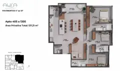 Planta baixa do apartamento 405 a 1305 do Aura Residence com 137,31 m² privativos, três suítes e living de 53,39 m² — Aura em Agronômica, Florianópolis
