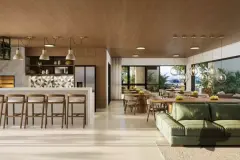 Perspectiva do salão gourmet com ilha de bancada, bancos altos, cozinha revestida, sofá verde, mesas de jantar e janela com vista para a cidade — Aura Residence em Capoeiras, Florianópolis