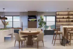 Perspectiva da sala de jogos com mesa de pôquer, mesa de sinuca, TV, bar com prateleiras iluminadas e janelas para os morros — Aura Residence em Capoeiras, Florianópolis