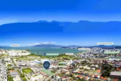 Infográfico aéreo panorâmico da localização do Aura Residence Capoeiras com pino, Baía Sul, Hipermercado Angeloni, Via Expressa e Beira Mar de São José identificados — Aura Residence em Capoeiras, Florianópolis
