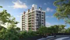 Perspectiva da fachada do Aura Residence Capoeiras com 10 andares, varandas com vegetação e árvore na calçada — Aura Residence em Capoeiras, Florianópolis